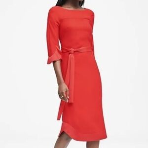 Banana Republic Flounce Sleeve Tie Waist midi dress in a cayenne red New! Size 4